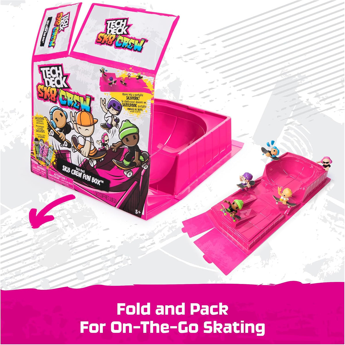 TECH DECK SK8 Crew Fun Box Transforming Skate Park Playset | Portable Box with Ramps & Rails, Includes 4 Fingerboards & 5 SK8 Crew Figures, Toy Skateboard Playset Gifts for Kids Ages 5+