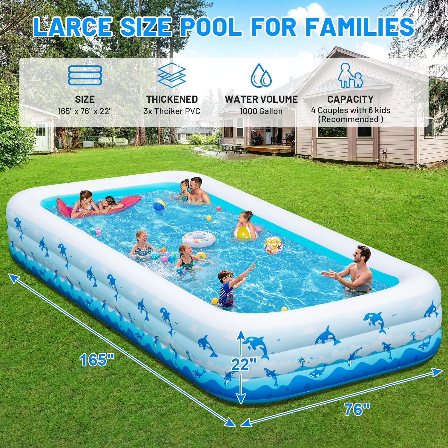 Extra Large Inflatable Swimming Pool – 165" x 76" x 22" Oversized Blow Up Pool for Adults, Big Family Backyard Pool with Pump, Thickened Kiddie Pool for Summer Water Party, Easy Set Up