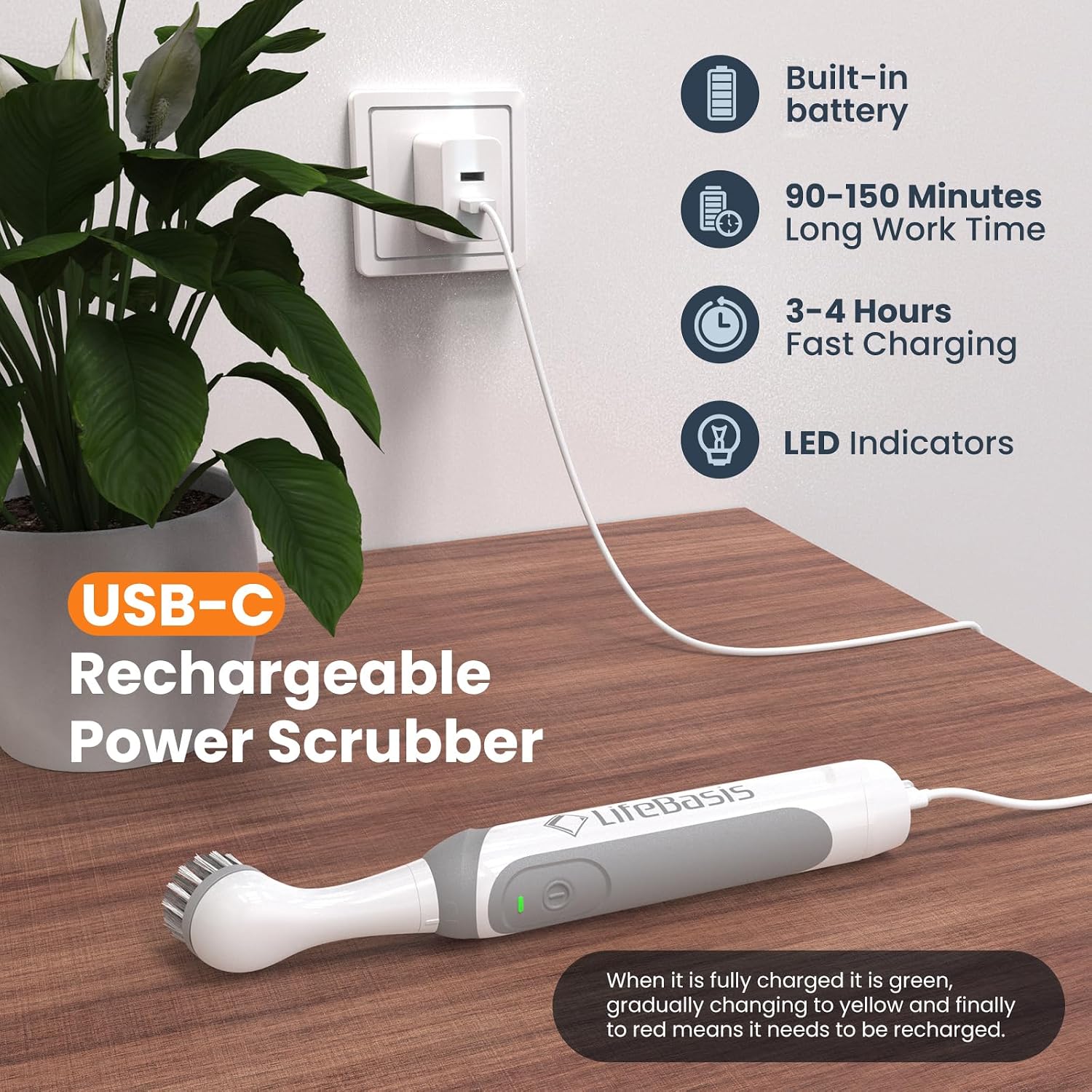 LifeBasis Cordless Rechargeable Power Scrubber Brush, White | Water-resistant Compact Scrubber with 5 Replaceable Brush Heads for Grout, Tile, Shower, Tub, Kitchen and Bathroom Cleaning