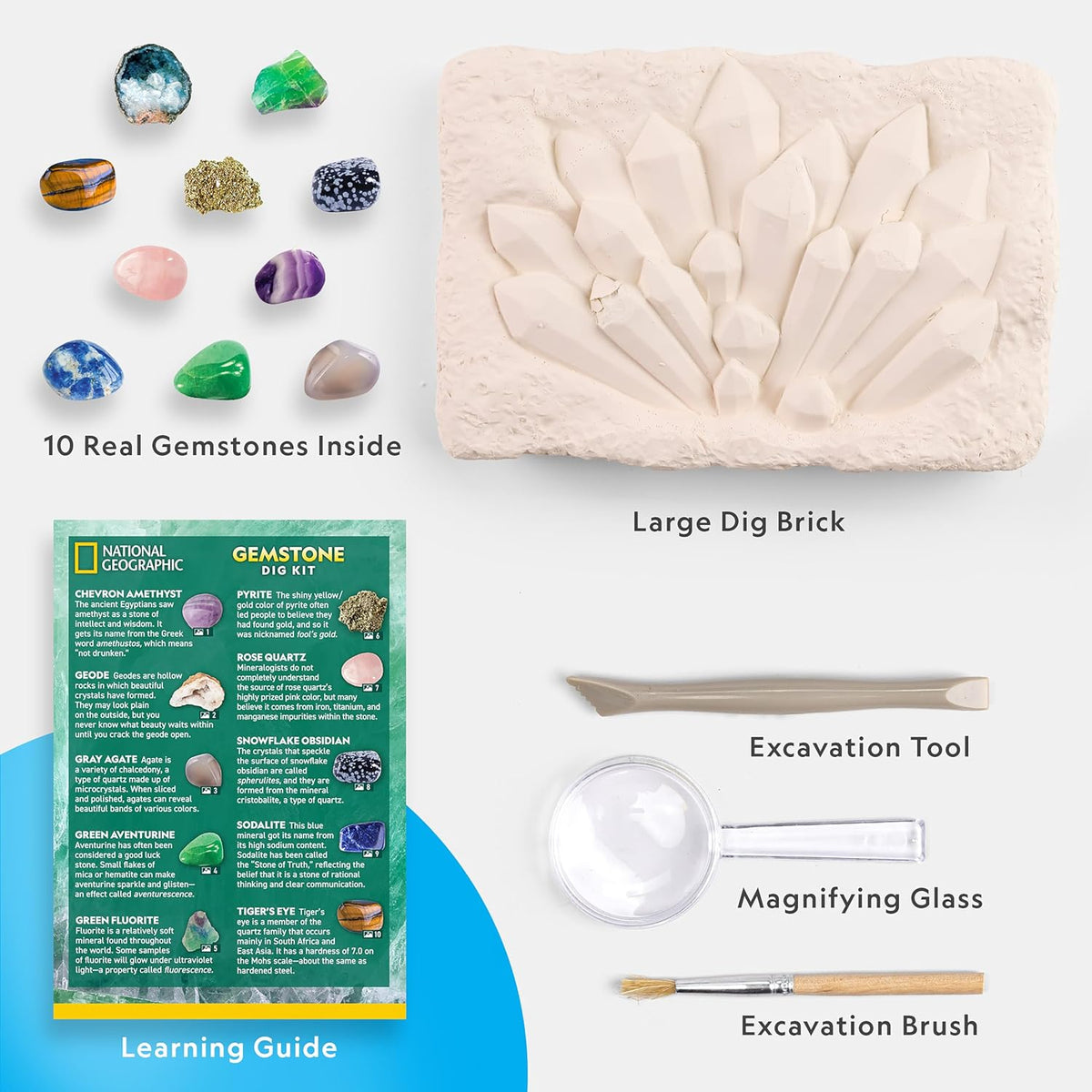 National Geographic Gemstone Dig Kit with 10 Real Gemstones for Kids | Amethyst, Quartz & Tiger's Eye, Gem Mining Activity, Excavation Tools, Rock Collection, Geology Science, Birthday Gift