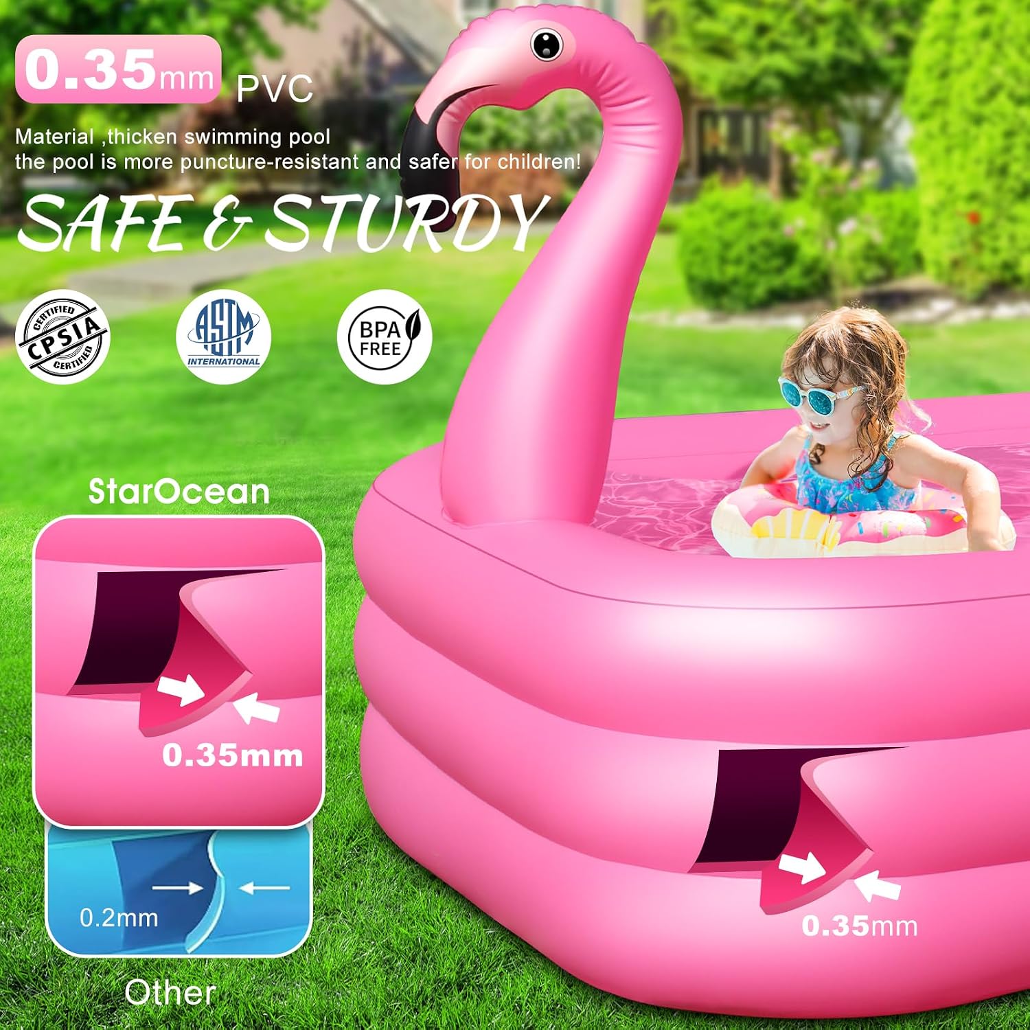 Inflatable Pool with Lights,Solar Flamingo Swimming Pool for Adults-Pink | StarOCean Inflatable Blow up Pool, Large Kiddie Pool,Durable Thickened Kids Pool for Backyard,Outdoor,100"X63"X20"