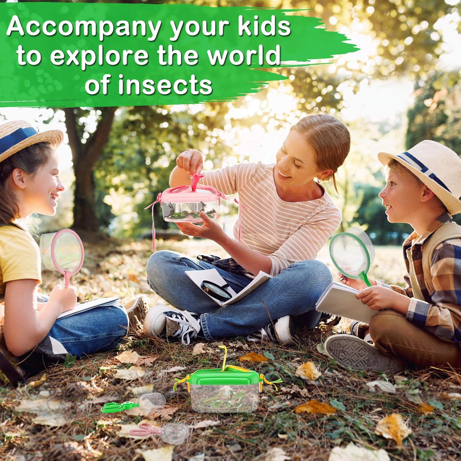 2 Sets Bug Catcher for Kids, Bug Catching Kit Gifts with Butterfly Net Toys | Built-in Magnifying Glass Bugs Box, Kids Camping Toys Bugs Collection Outdoor Explorer Kit for Age 3 4 5 6 7 8, Pink & Green