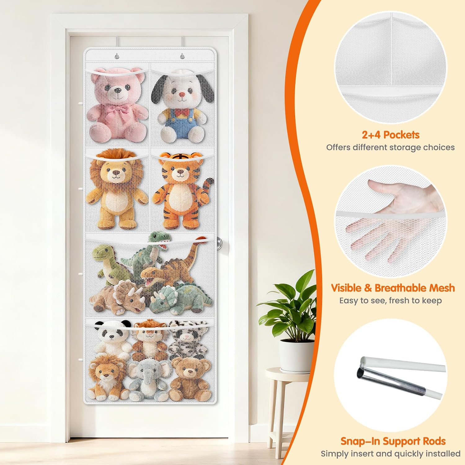 SpaceHacks Stuffed Animal Storage, Large Over the Door Organizer, White | 6 Expandable Mesh Pockets & 2 Metal Hooks, Non-Woven Fabric Hanging Plush Items Holder for Nursery, Bedroom, Playroom