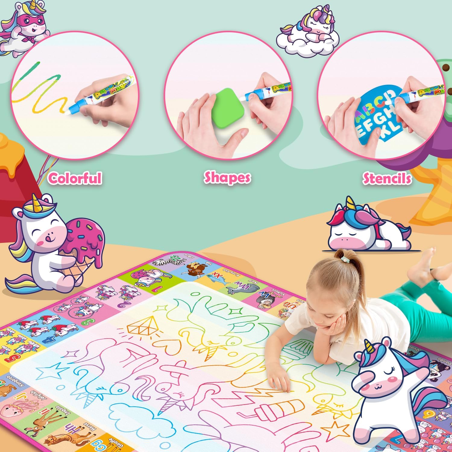 Water Doodle Mat, Kids Drawing Toys for 3 4 5 Year Old Boys Girls Gifts | Reusale Princess Color Mat, Mess-Free Coloring, Educational Doodle Toy, Toddlers Birthday Gifts for Age 3 4 5 6 7 8 Year Old