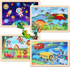 Wooden Educational Jigsaw Puzzles for Preschool Kids Ages 3-5, 4-Pack with 20 Pieces Dinosaur, Space, Transportation Wood Puzzles Set, Kids Brain Teaser Toys, Gifts for Boys Girls Ages 3 4 5 6