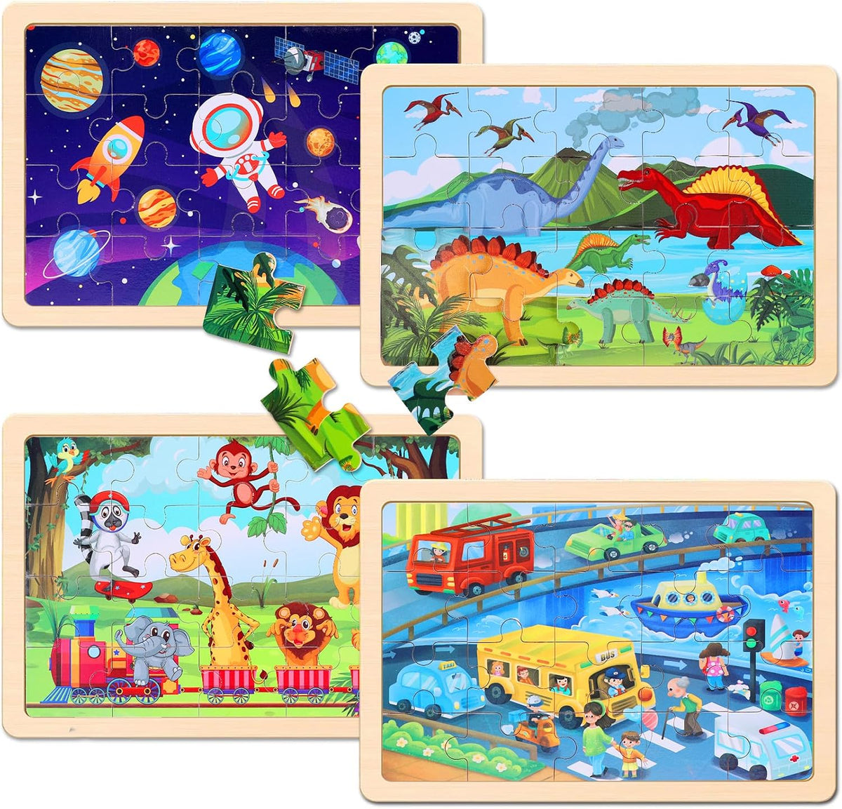 Wooden Educational Jigsaw Puzzles for Preschool Kids Ages 3-5, 4-Pack with 20 Pieces Dinosaur, Space, Transportation Wood Puzzles Set, Kids Brain Teaser Toys, Gifts for Boys Girls Ages 3 4 5 6