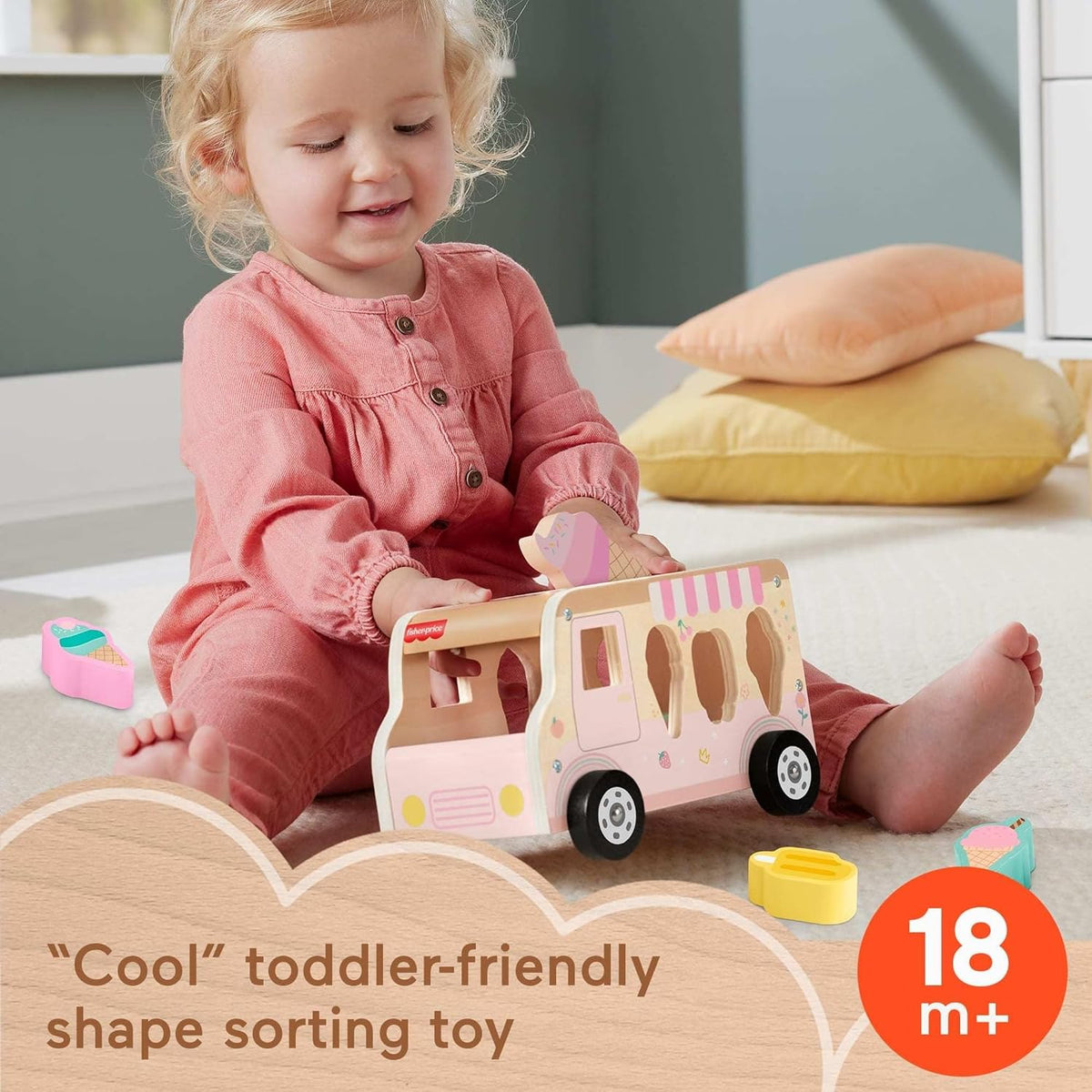 Fisher-Price Wood Ice Cream Truck Shape Sorter Set | 9 Wooden Pieces for Developmental Play, Toddler Toy for Kids Ages 18+ Months