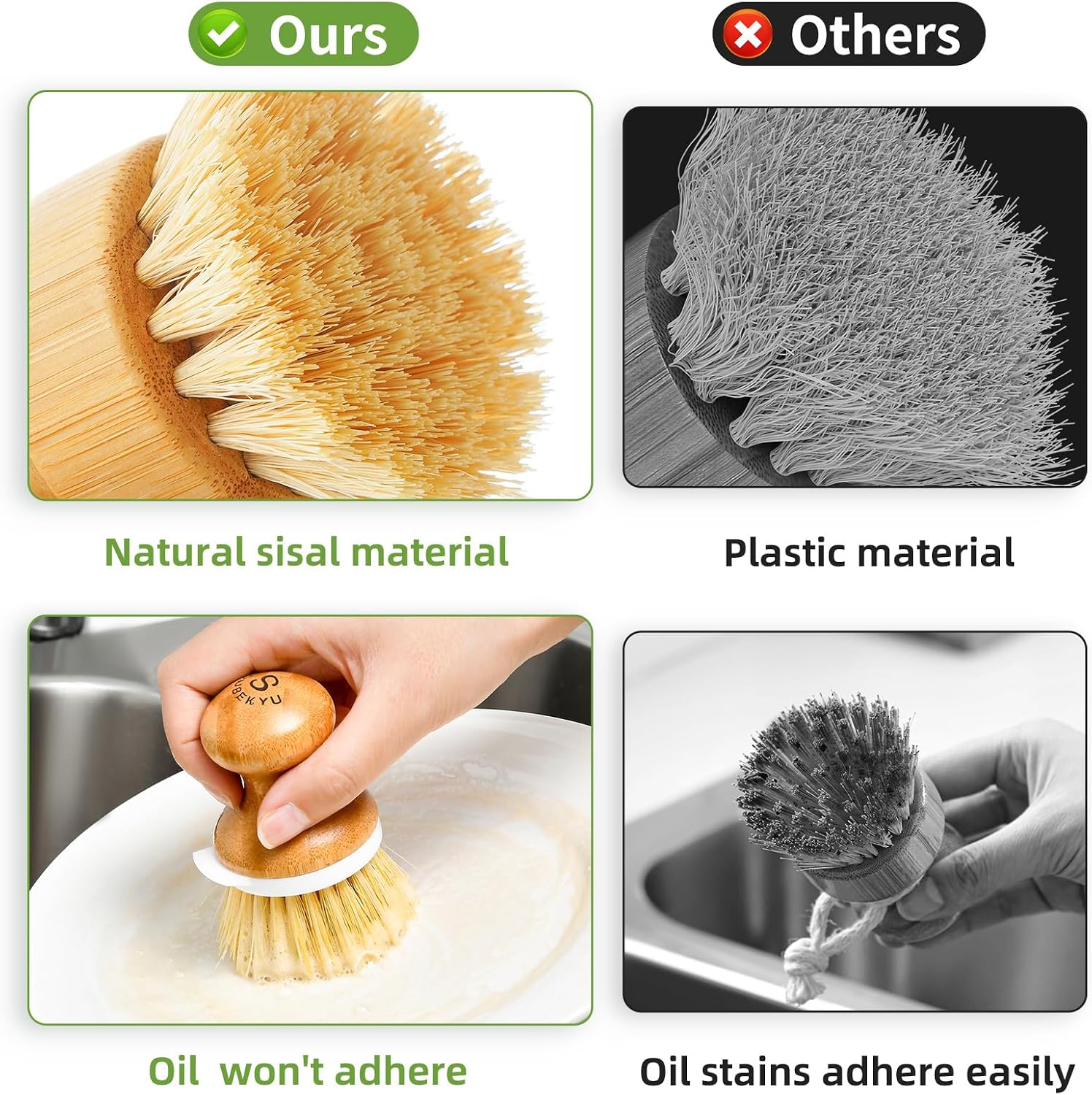 Bamboo Dish Brush,Sisal Brush with Scraper,1Pack with Ceramic Holder | Vegetable Brush,Wooden Dishwashing Brush for Cleaning Dishes/Pans/Pots,Built-in Scraper,Natural Sisal Bristles