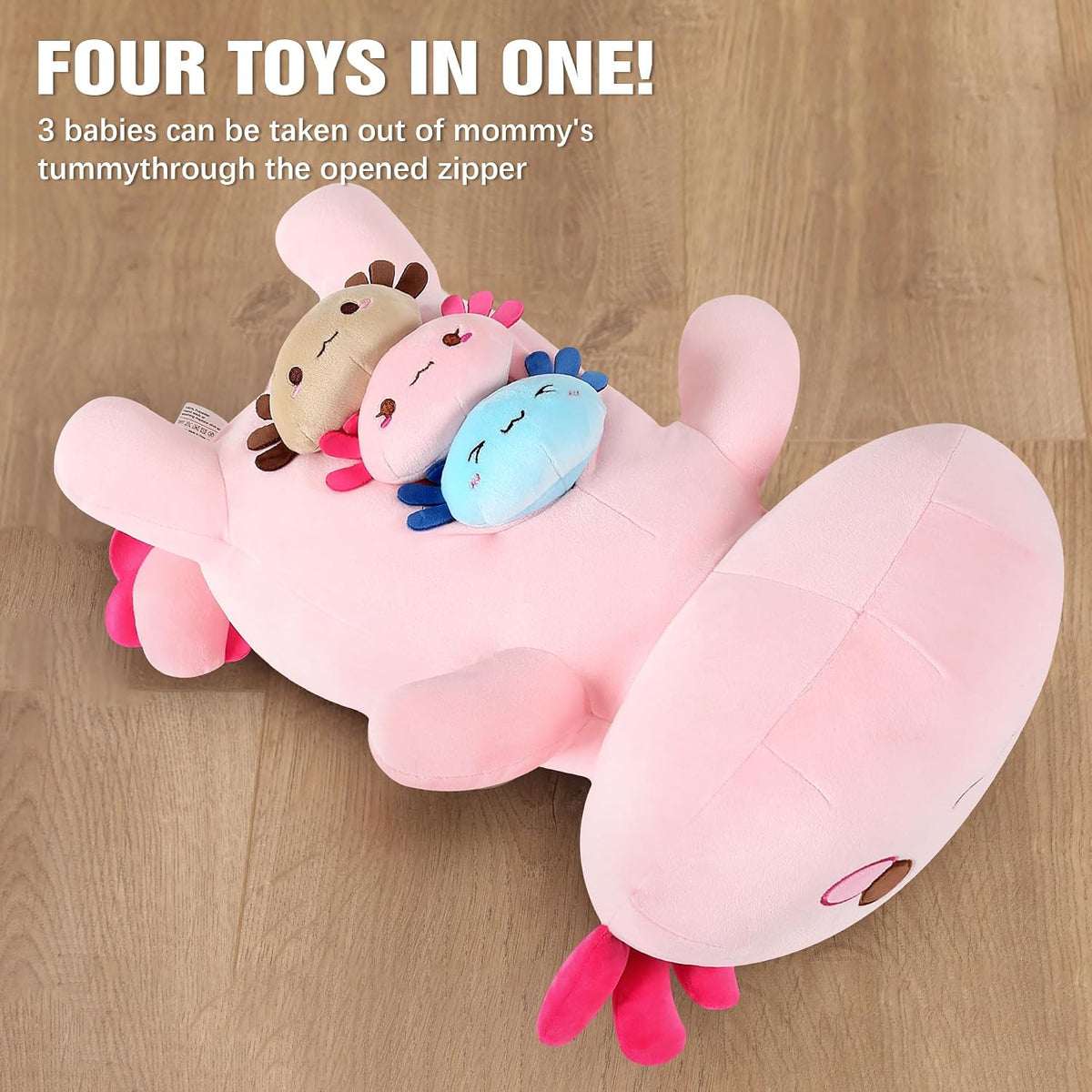 Onsoyours Axolotl Stuffed Animal Mommy 19.7" with 3 Baby Axolotl Plushies in Tummy, 4 Piece of Cute Axolotl Plush Pillow Toys for Kids Girls Boys