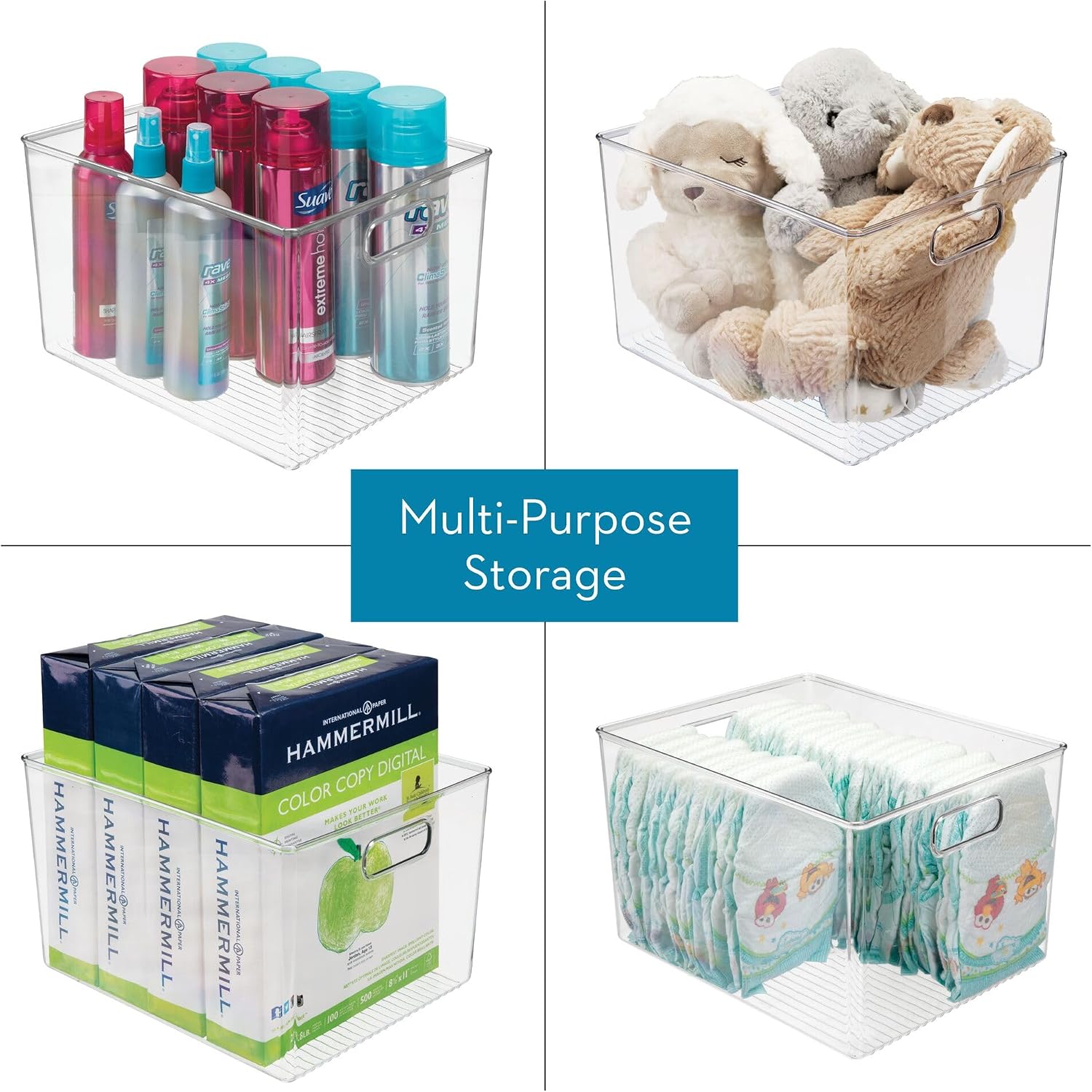 iDesign Storage Bin with Handles, 12" x 10" x 8", Clear | For Kitchen, Pantry, Cabinet, Nursery, Crafts