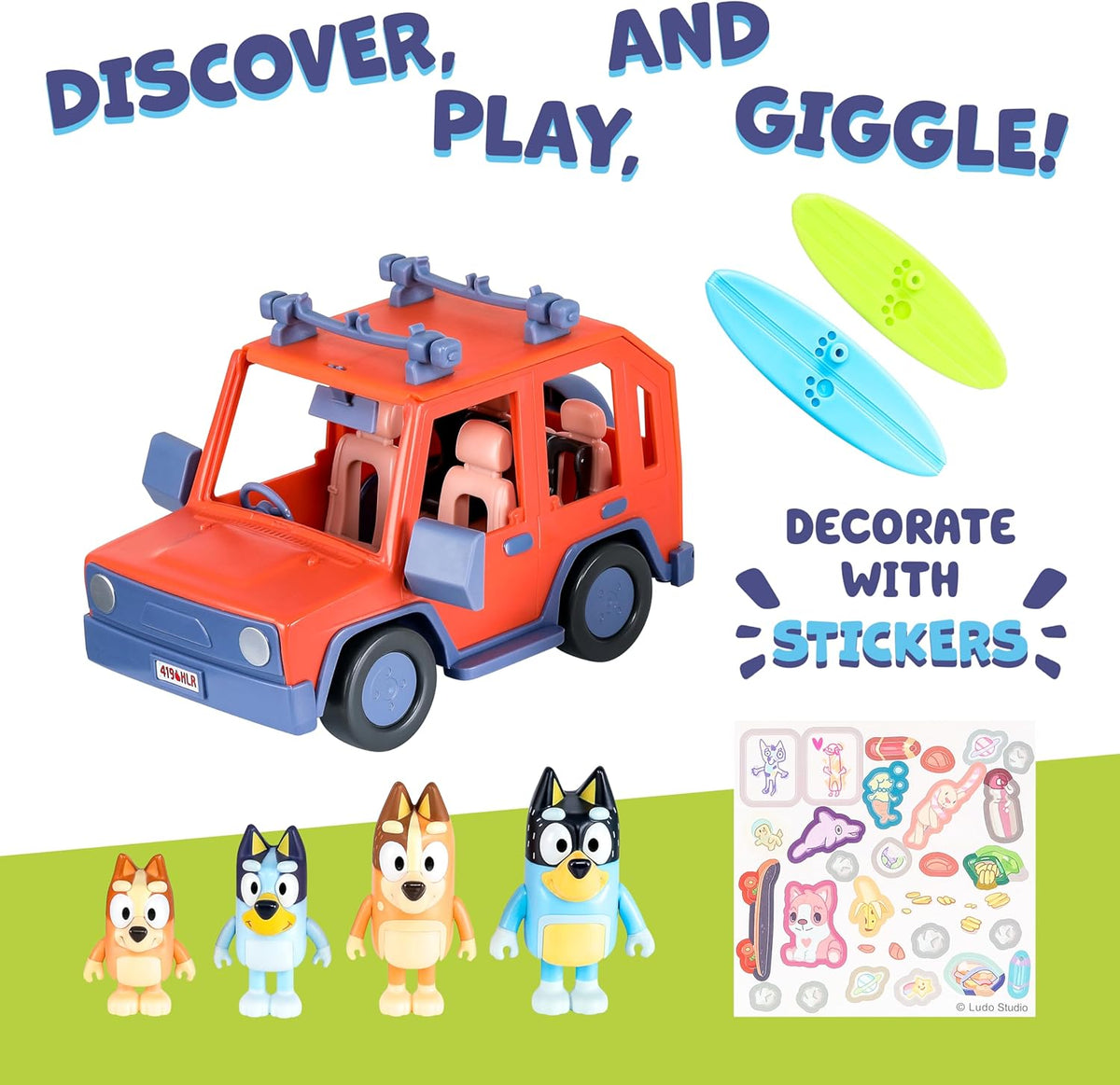Bluey Heeler 4WD Family Toddler Toy Car, Pretend Play Toys, 4 Figures | Surfboards and sticker sheet, Bluey toy playset for kids ages 3+, Bluey and Bingo toys