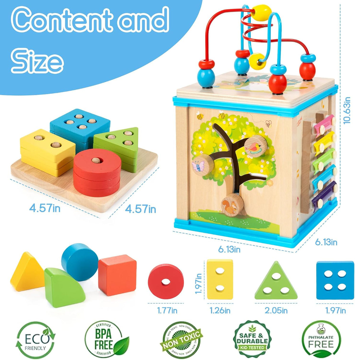 WOODMAM Wooden 7-in-1 Activity Cube, Montessori Toys for 1 2 Year Old | Baby Educational Developmental Toys, One Year Old Boy Girl Birthday Gifts, Bead Maze, Xylophone, Sorting & Stacking Board