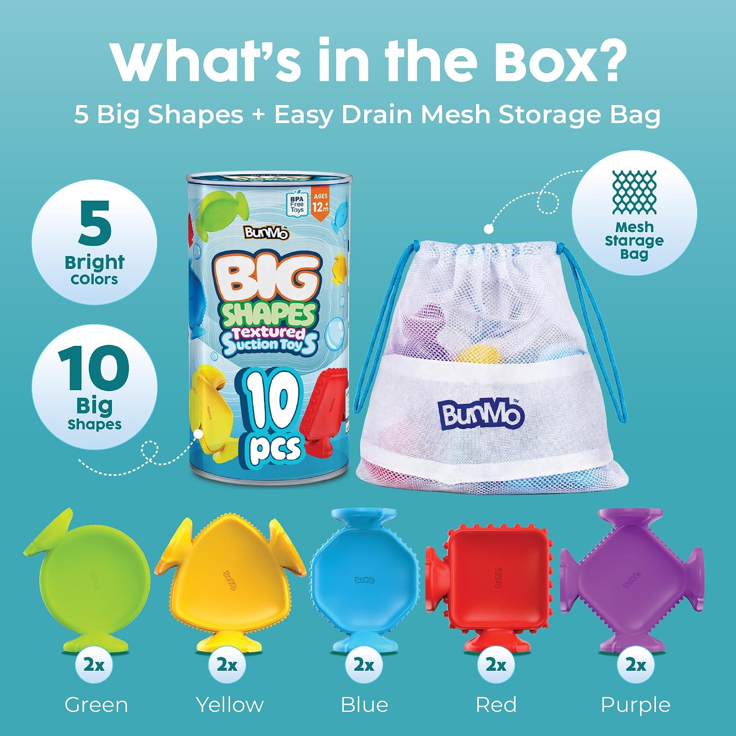 BUNMO Bath Toys for Toddlers - Connect, Build, Create - Suction Bathtub Toys - Hours of Fun & Creativity - Fine Motor Skills - Stimulating Sensory Toys - Babies Ages 1+ 2, 3 - Extra Large 10 Pack