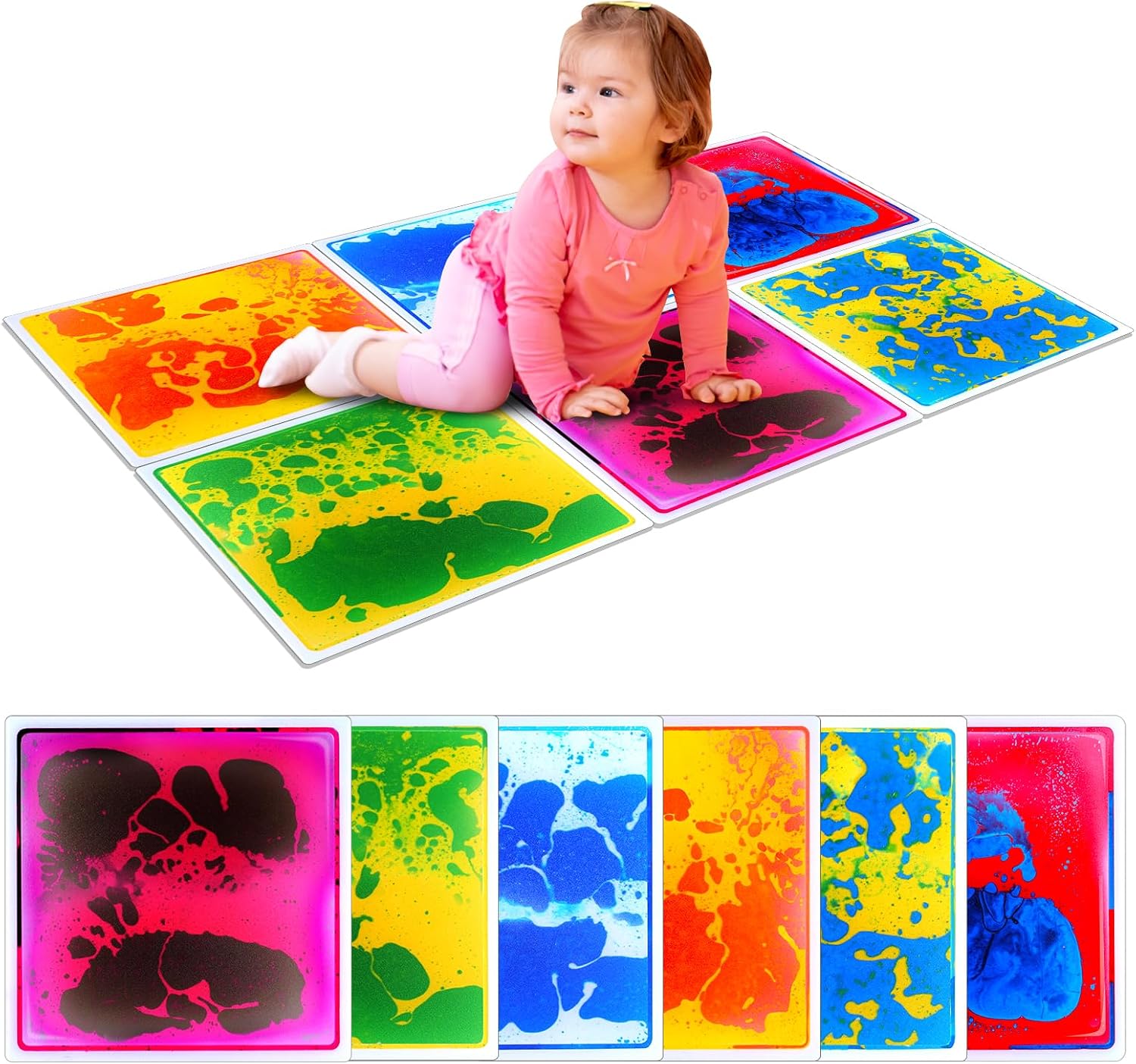 Sensory Floor Tiles for Kids Toddlers: 6 Pack Liquid Play Mats, 12"x12" Squares Autism Sensory Puzzle Pad, Lava Tiles Games Dance Step Pads, Preschool Classroom Montessori Gross Motor Daycare Toys