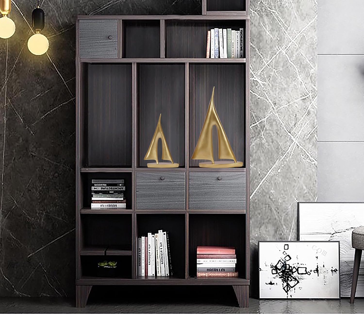 2 Pack Gold Sailboat Decor Boat Sculpture for Home Decor Modern Boat Statue Decorative Nautical Decoration for Living Room Bookshelf Shelf Table Office