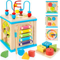WOODMAM Wooden 7-in-1 Activity Cube, Montessori Toys for 1 2 Year Old | Baby Educational Developmental Toys, One Year Old Boy Girl Birthday Gifts, Bead Maze, Xylophone, Sorting & Stacking Board