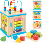 WOODMAM Wooden 7-in-1 Activity Cube, Montessori Toys for 1 2 Year Old | Baby Educational Developmental Toys, One Year Old Boy Girl Birthday Gifts, Bead Maze, Xylophone, Sorting & Stacking Board