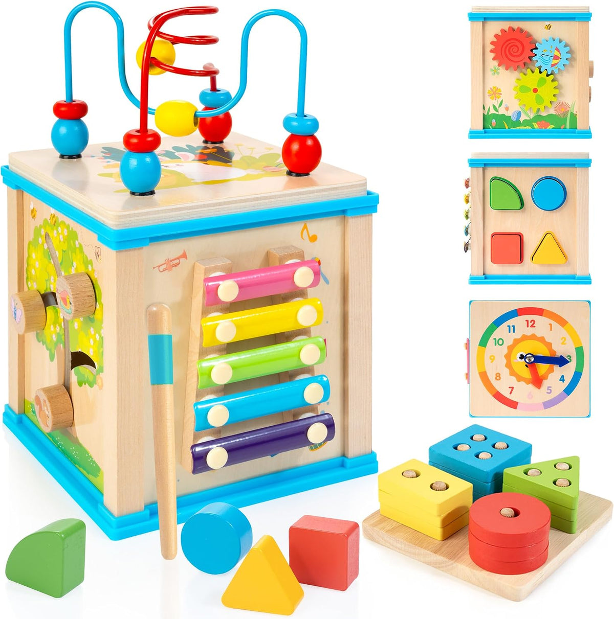 WOODMAM Wooden 7-in-1 Activity Cube, Montessori Toys for 1 2 Year Old | Baby Educational Developmental Toys, One Year Old Boy Girl Birthday Gifts, Bead Maze, Xylophone, Sorting & Stacking Board
