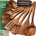 Wooden Spoons for Cooking, 10 Pcs Teak Wood Utensil Set for Nonstick | Durable, Heat Resistant & Food-Safe with Ergonomic Handles – Woodenhouse Kitchen Cookware