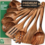 Wooden Spoons for Cooking, 10 Pcs Teak Wood Utensil Set for Nonstick | Durable, Heat Resistant & Food-Safe with Ergonomic Handles – Woodenhouse Kitchen Cookware