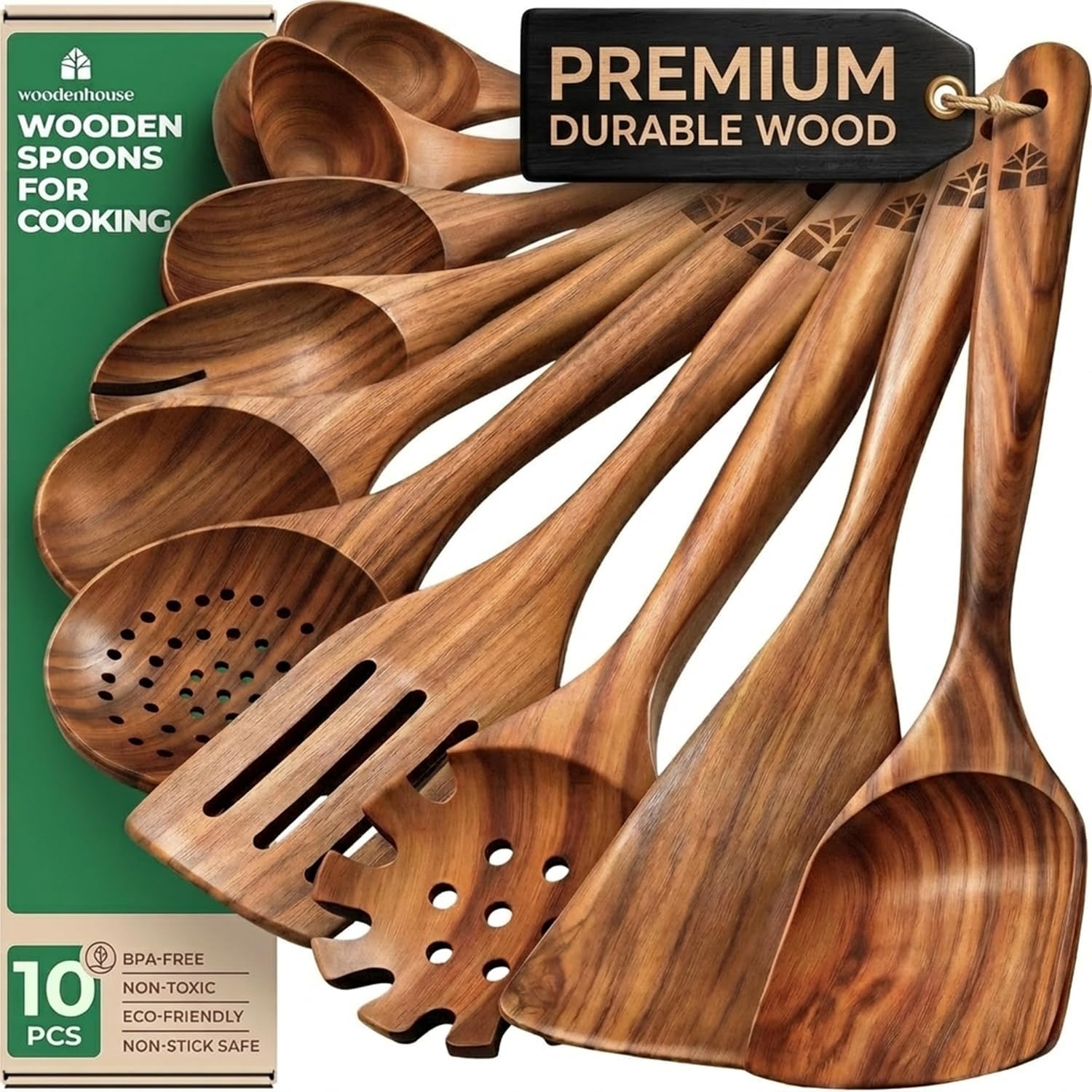 Wooden Spoons for Cooking, 10 Pcs Teak Wood Utensil Set for Nonstick | Durable, Heat Resistant & Food-Safe with Ergonomic Handles – Woodenhouse Kitchen Cookware