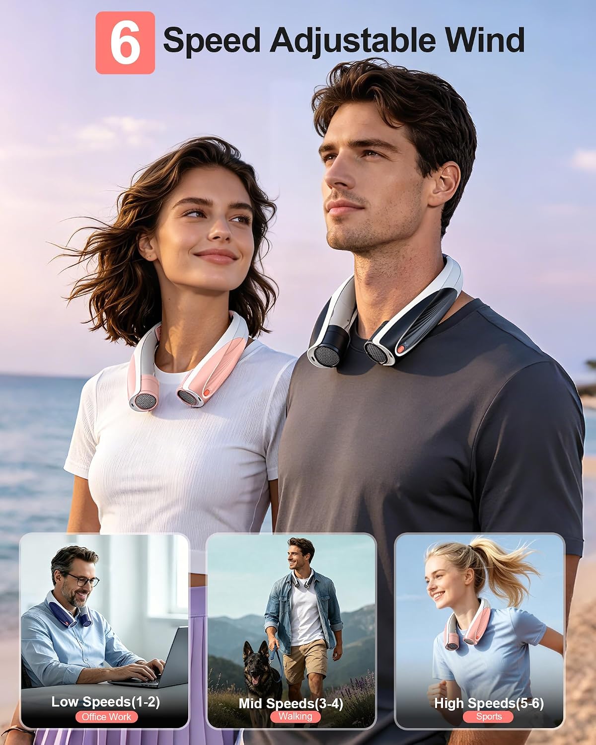 Portable Neck Fan, Max 20H, Rechargeable Personal Fan with 6000mAh Battery, 360° Cooling, 6 Speeds Hands-Free Wearable Fan, Gifts for Men, Women, Travel, World Cup, Outdoor