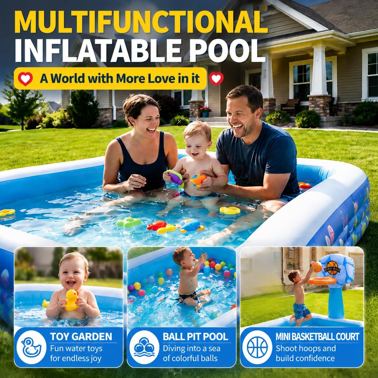 Inflatable Swimming Pool for Kids and Family Backyard Water Fun