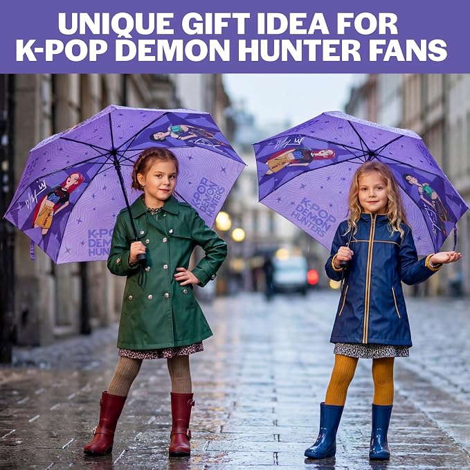 Get Trend KPop Demon Hunters Windproof Travel Umbrella, Huntrix Strong Folding Compact Umbrellas for Rain, Light Portable Kids Travel Essentials, Fits Backpack & Car, Gifts for Girls