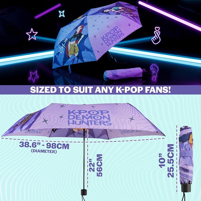 Get Trend KPop Demon Hunters Windproof Travel Umbrella, Huntrix Strong Folding Compact Umbrellas for Rain, Light Portable Kids Travel Essentials, Fits Backpack & Car, Gifts for Girls