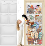SpaceHacks Stuffed Animal Storage, Large Over the Door Organizer, White | 6 Expandable Mesh Pockets & 2 Metal Hooks, Non-Woven Fabric Hanging Plush Items Holder for Nursery, Bedroom, Playroom
