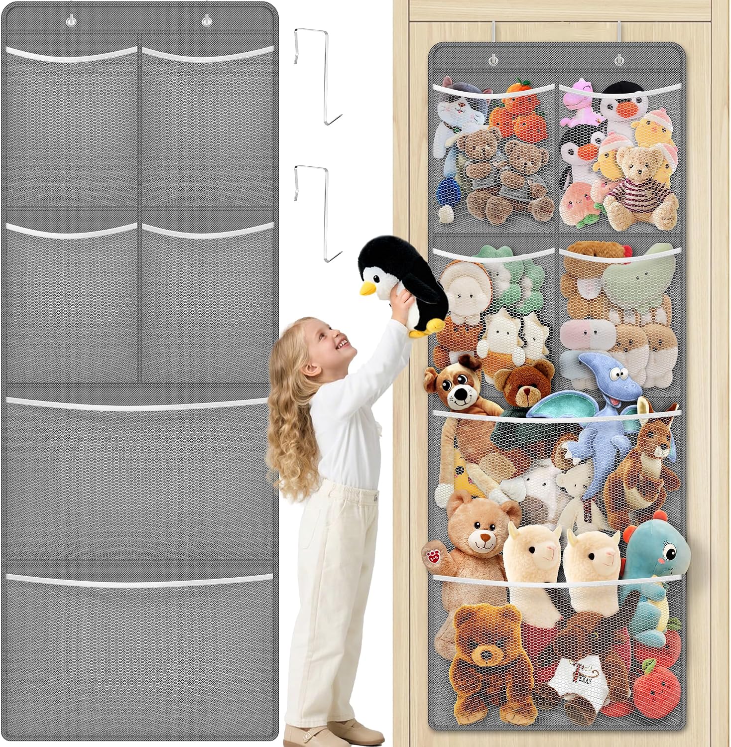 SpaceHacks Stuffed Animal Storage, Large Over the Door Organizer, White | 6 Expandable Mesh Pockets & 2 Metal Hooks, Non-Woven Fabric Hanging Plush Items Holder for Nursery, Bedroom, Playroom
