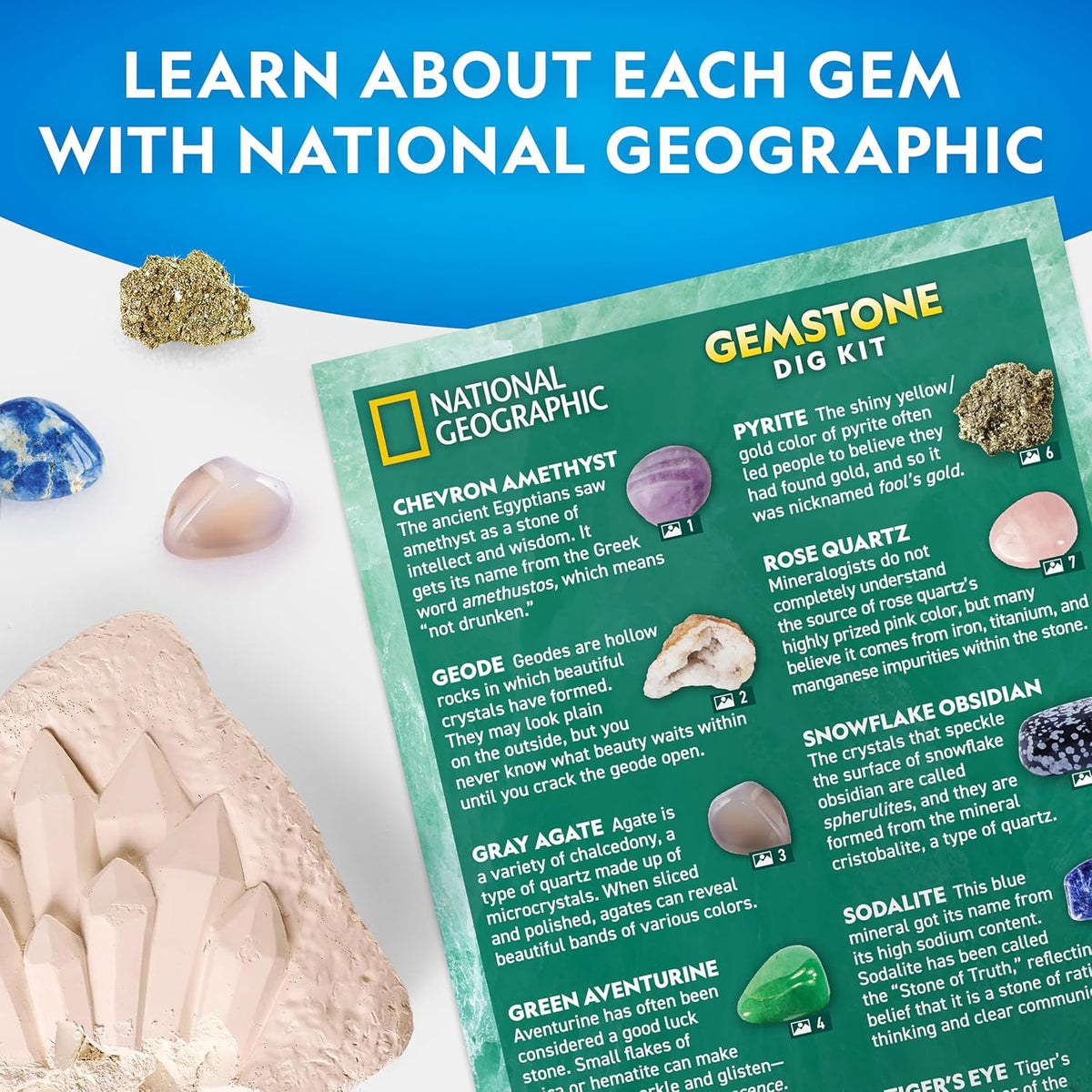 National Geographic Gemstone Dig Kit with 10 Real Gemstones for Kids | Amethyst, Quartz & Tiger's Eye, Gem Mining Activity, Excavation Tools, Rock Collection, Geology Science, Birthday Gift