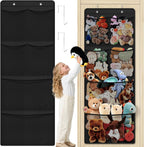 SpaceHacks Stuffed Animal Storage, Large Over the Door Organizer, White | 6 Expandable Mesh Pockets & 2 Metal Hooks, Non-Woven Fabric Hanging Plush Items Holder for Nursery, Bedroom, Playroom