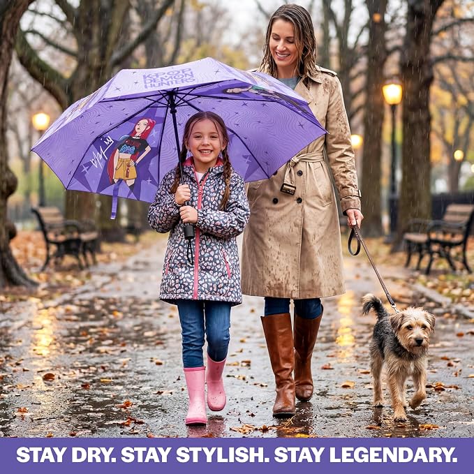 Get Trend KPop Demon Hunters Windproof Travel Umbrella, Huntrix Strong Folding Compact Umbrellas for Rain, Light Portable Kids Travel Essentials, Fits Backpack & Car, Gifts for Girls