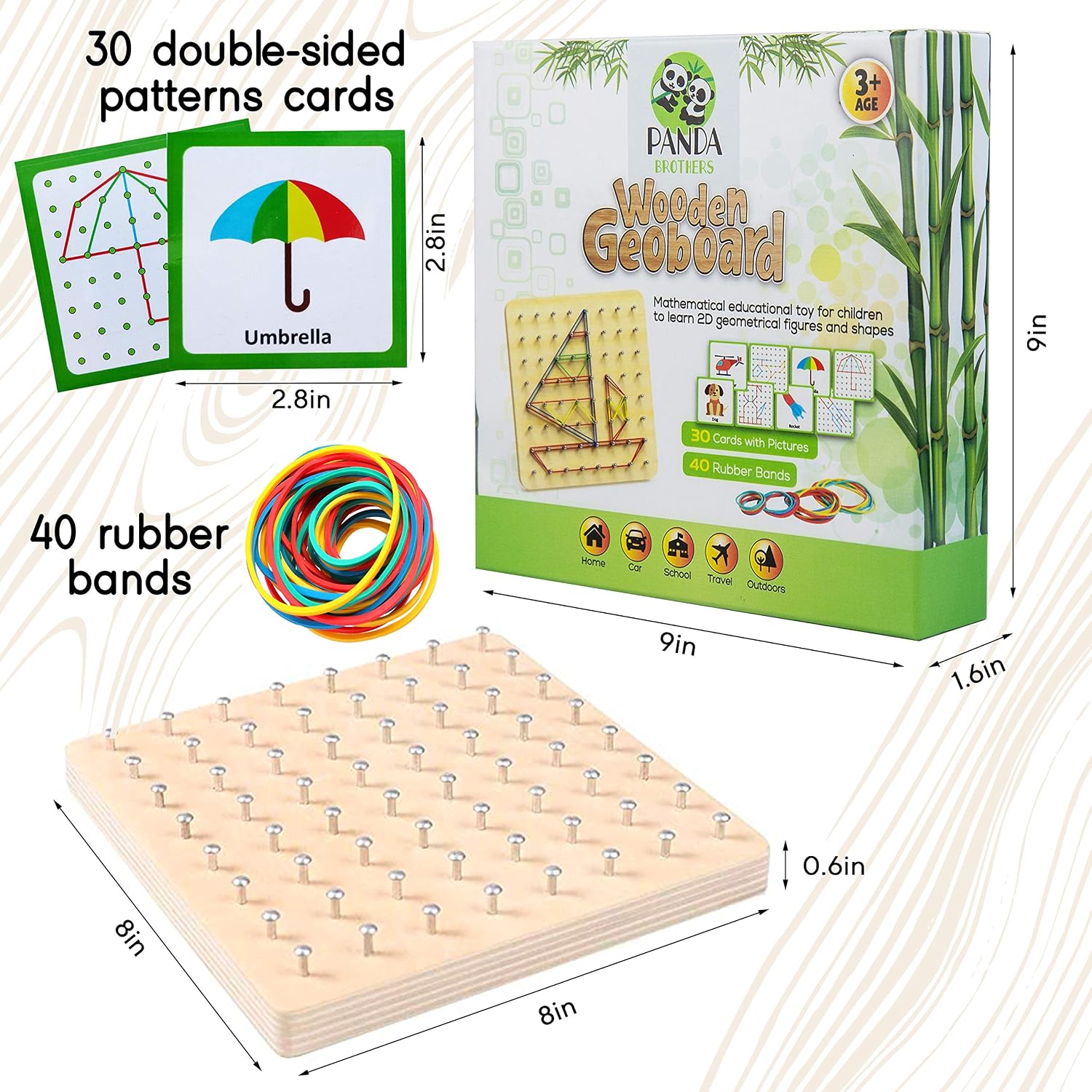 Wooden Geoboard - Montessori Toys for 3 4 5 Year Old Kids and Toddlers, Educational Toy with 30 Pattern Cards and 40 Rubber Bands to Create Figures, Brain Teaser STEM Toy Geo Board