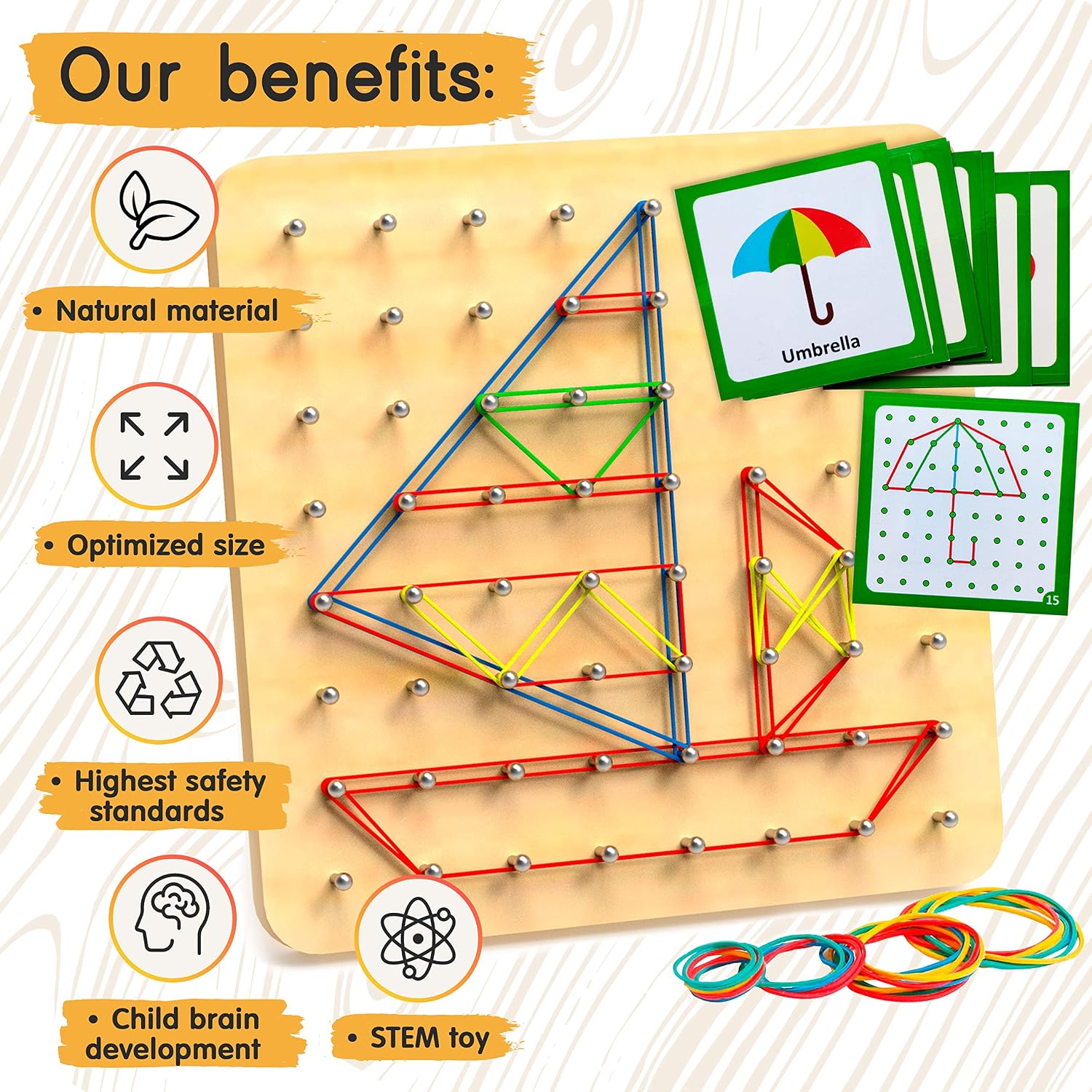 Wooden Geoboard - Montessori Toys for 3 4 5 Year Old Kids and Toddlers, Educational Toy with 30 Pattern Cards and 40 Rubber Bands to Create Figures, Brain Teaser STEM Toy Geo Board