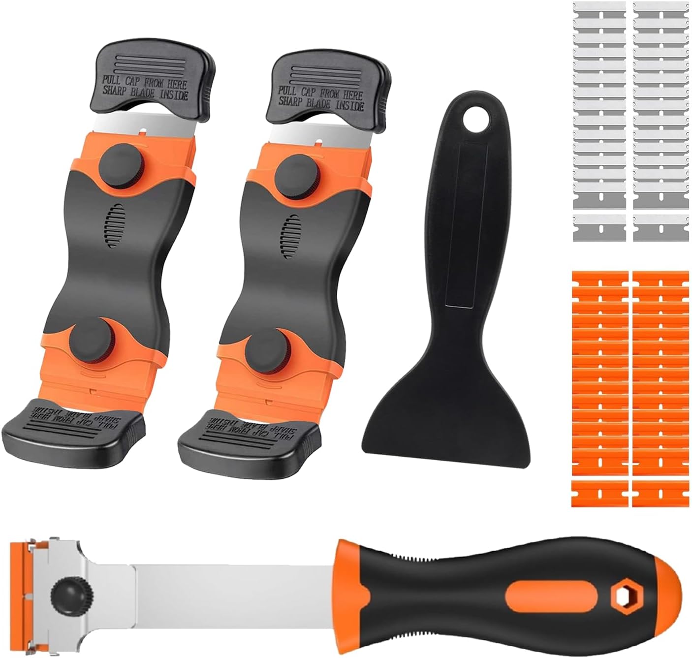 Razor Blade Scraper Tool Set, 4 Pack Paint Scrapers with 30 Plastic & 30 Metal Blades, Safe Non-Scratch Glass Scraper for Stickers & Paint