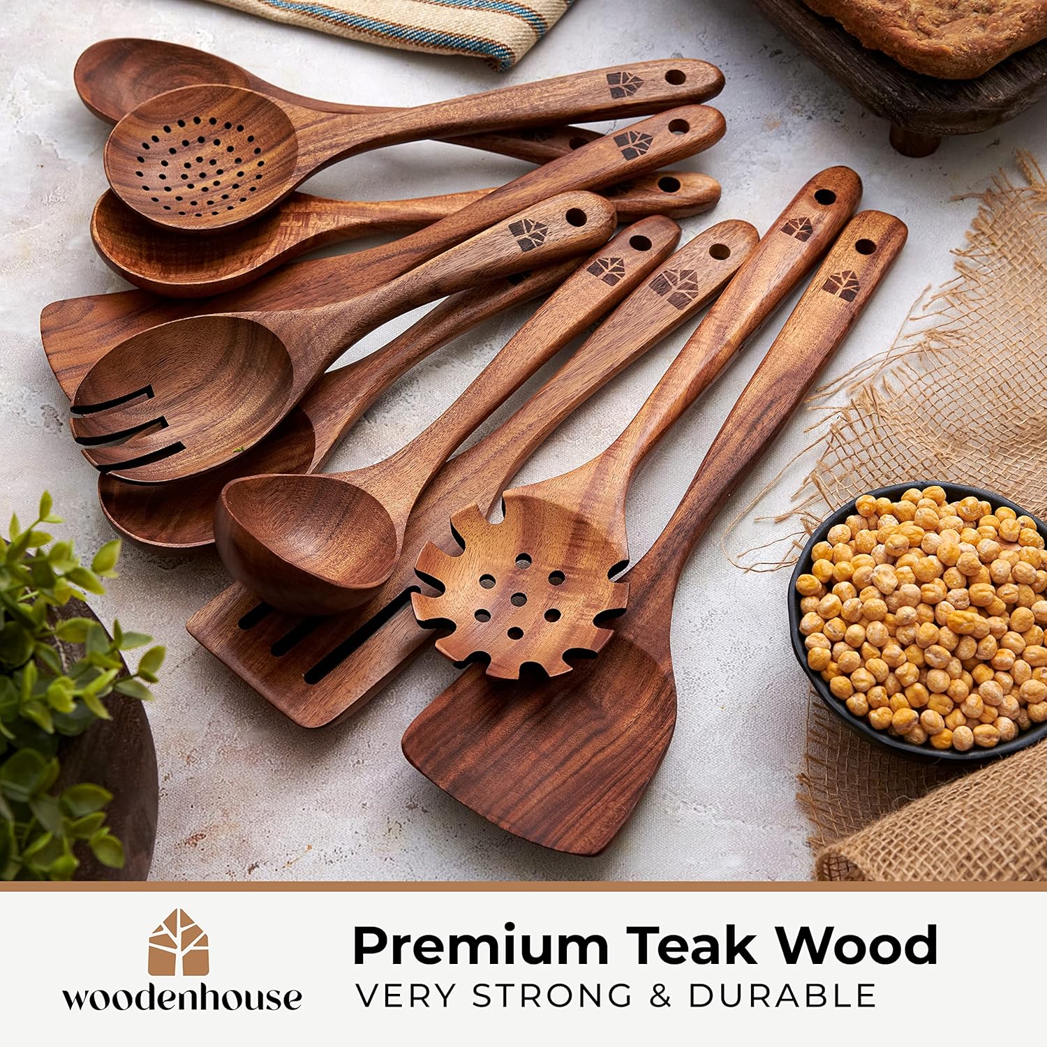 Wooden Spoons for Cooking, 10 Pcs Teak Wood Utensil Set for Nonstick | Durable, Heat Resistant & Food-Safe with Ergonomic Handles – Woodenhouse Kitchen Cookware