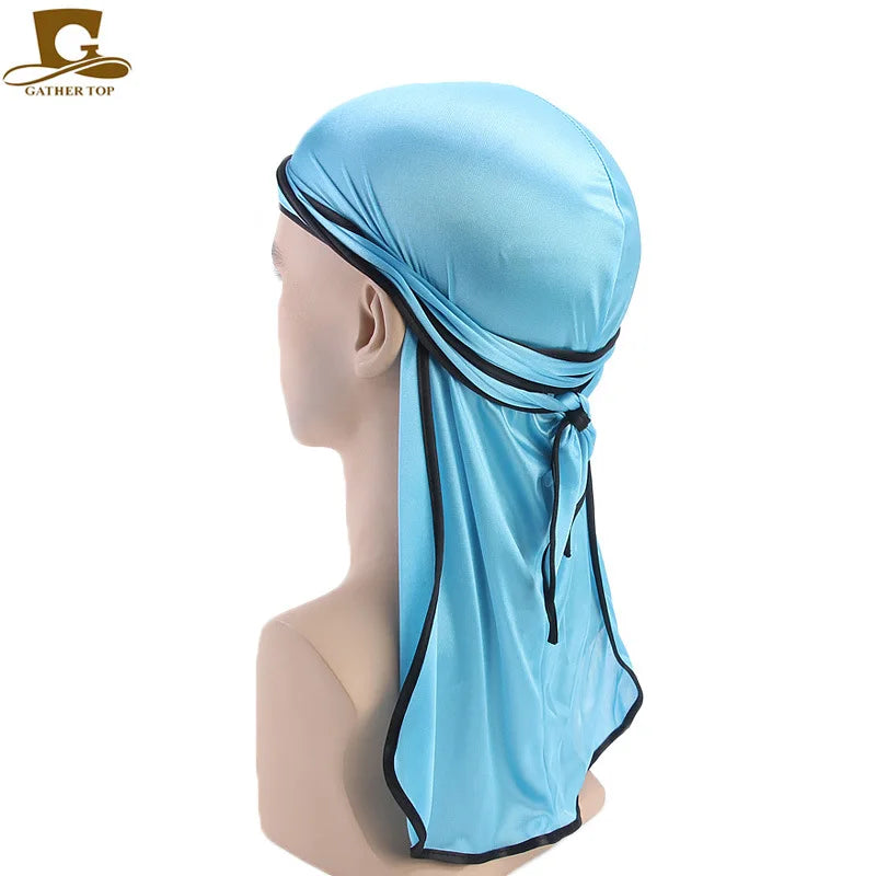 Men's Silky Durags Bandanas Turban hat Wigs Doo Men Satin Durag Biker Headwear Headband Hair Accessories Extra Long Tail Du-Rag