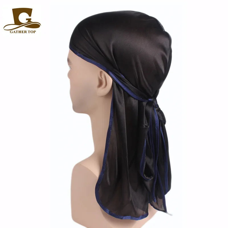 Men's Silky Durags Bandanas Turban hat Wigs Doo Men Satin Durag Biker Headwear Headband Hair Accessories Extra Long Tail Du-Rag