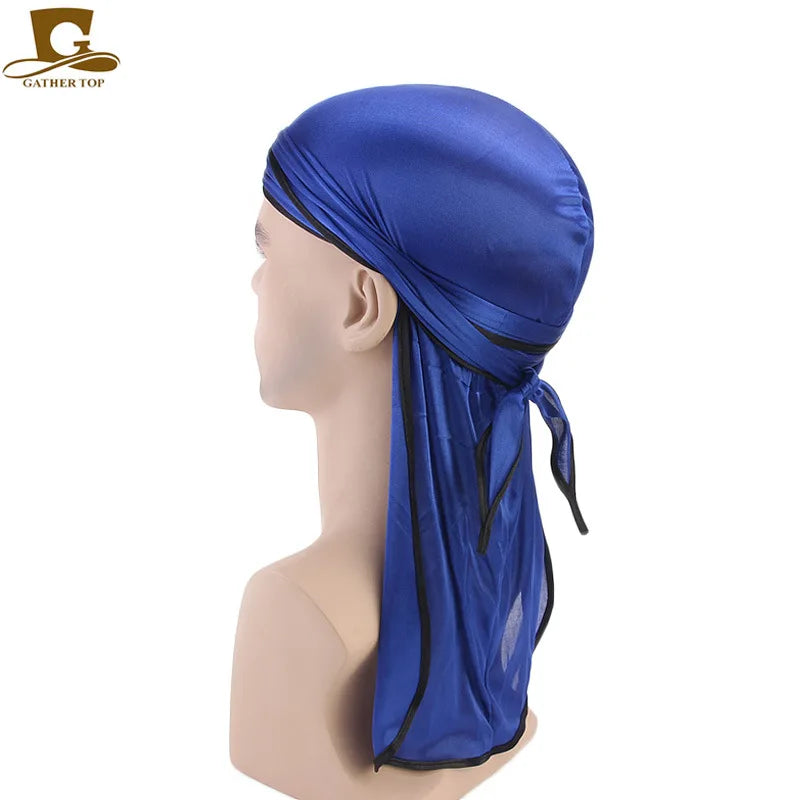 Men's Silky Durags Bandanas Turban hat Wigs Doo Men Satin Durag Biker Headwear Headband Hair Accessories Extra Long Tail Du-Rag