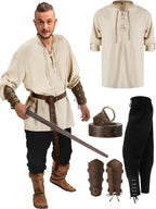4 Pcs Halloween Men's Renaissance Costume Set Medieval Pirate Shirt Ankle Banded Pants Viking Belt Accessories