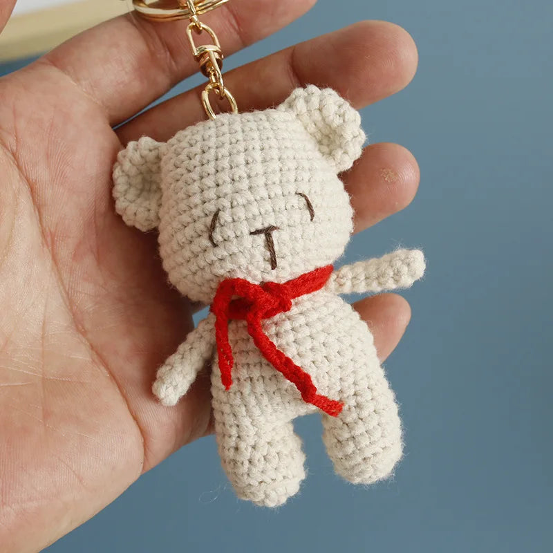 Cute Small Bear Doll Keychain For Couple Gifts Handmaking Crochet Cartoon Bear Keychain Knitting Animal Doll Custom Accessories