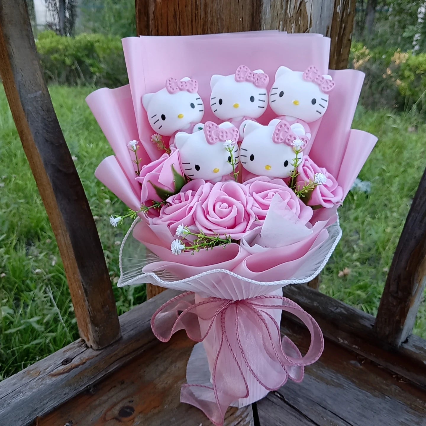 Hello Kitty Plush Bouquet with Rose Kawaii Anime Fluffy Stuffed Plush Doll Christmas Valentine's Day Holiday Birthday Gift