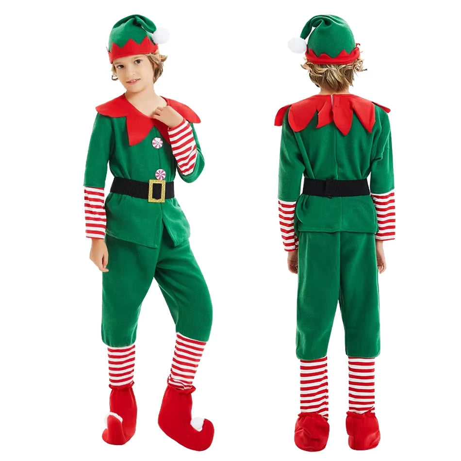 2025 Girl Boy Christmas Elf Costumes Santa Claus Suit Festival Adult Family Halloween Cosplay Sets Green Elves Clothes