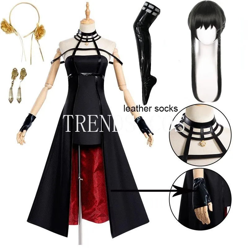 Yor Forger Cosplay Costume Headband Elastic Thigh Stockings Tights Highs Wig Earrings Yor Forger Dress Full Set for Comic Con