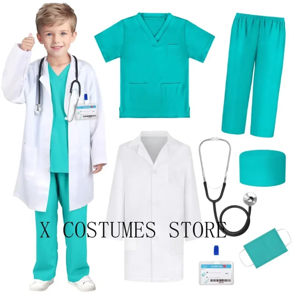 Kids Doctor Nurse Cosplay Costume, V Neck Surgical Uniform for Boys Girls, Halloween Party Role Play Dress Up Outfit