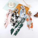 Fashion Flower Print Bow Satin Long Ribbon Ponytail Scarf Tie Scrunchies Women Girls Elastic Bands Hair Accessories