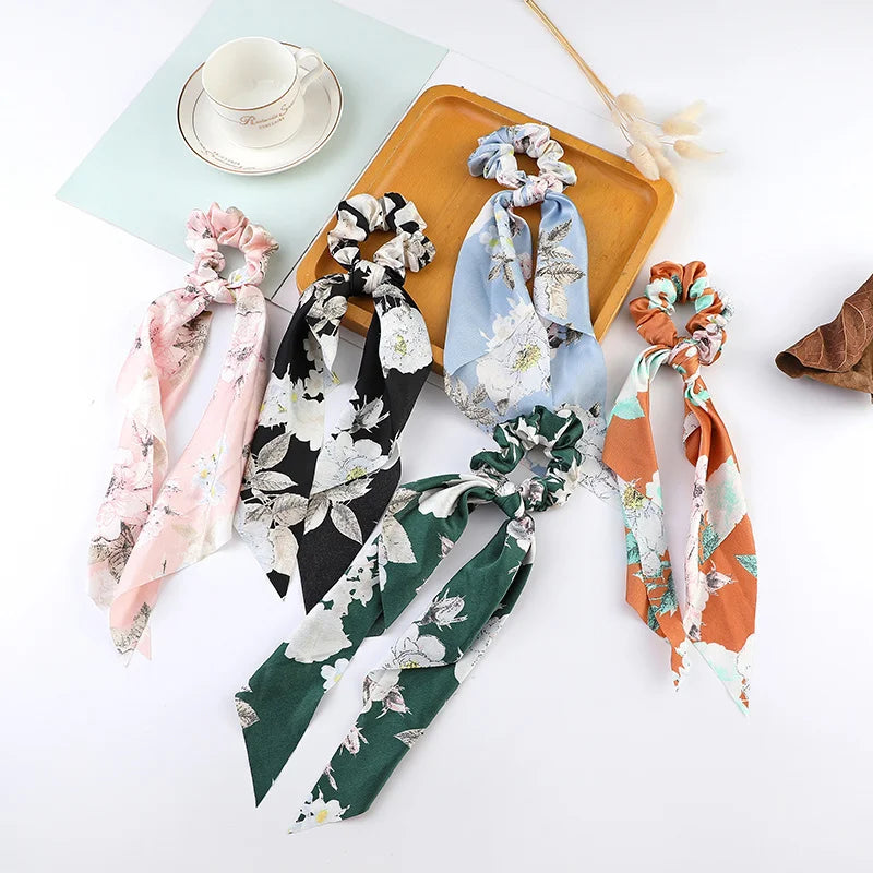 Fashion Flower Print Bow Satin Long Ribbon Ponytail Scarf Tie Scrunchies Women Girls Elastic Bands Hair Accessories
