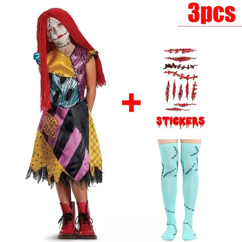 Kids Girls Boys Cosplay Scary Ghost Bride Sally Skeleton Jack Dress Striped Halloween Character Dress Up Costume